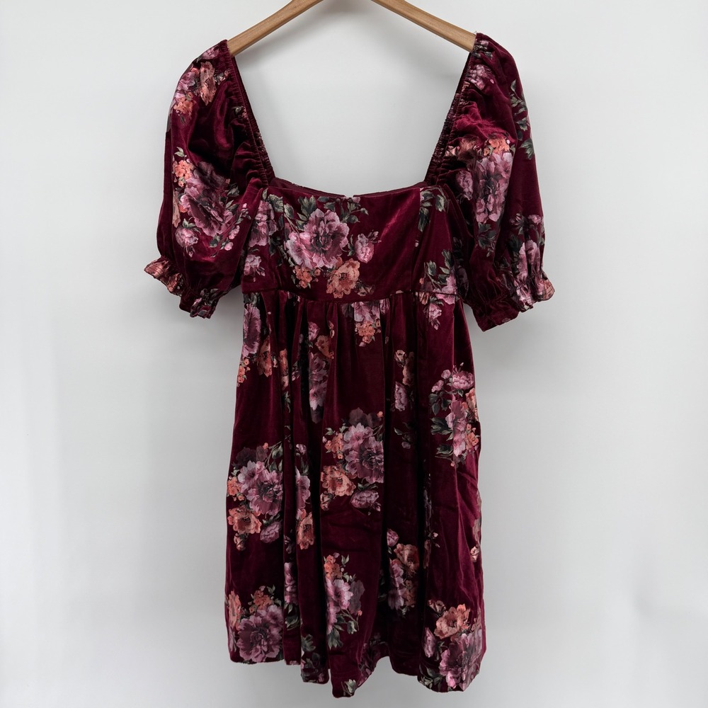Lulus Burgundy Floral Velvet Puff Sleeve Mini Dress Square Neck Size S
